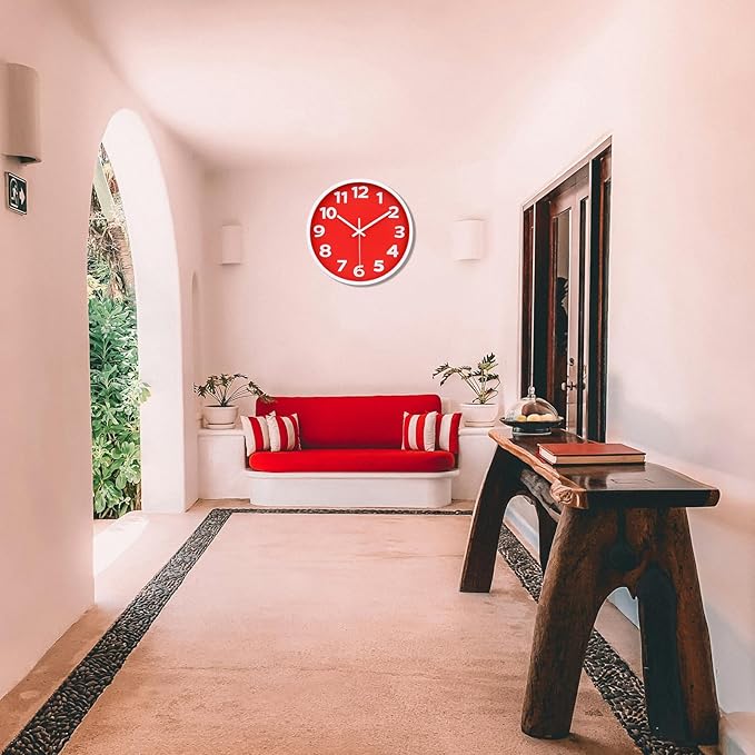 Red Wall Clock 10 Inch Silent Non-Ticking Battery Operated,Small Modern Wall Clocks Quality Quartz Analog Clock Decorative for Kitchen Home School Office, 3D Numbers Easy to Read