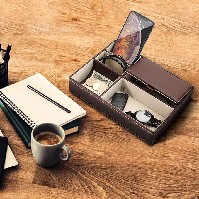 Baoyun Leather Valet Tray for Men, Mens Jewelry Organizer Box, Mens Nightstand Organizer, Leather Bedside Tray for Entryway, Dresser Organizer Countertop for Bedroom Men Room Decor
