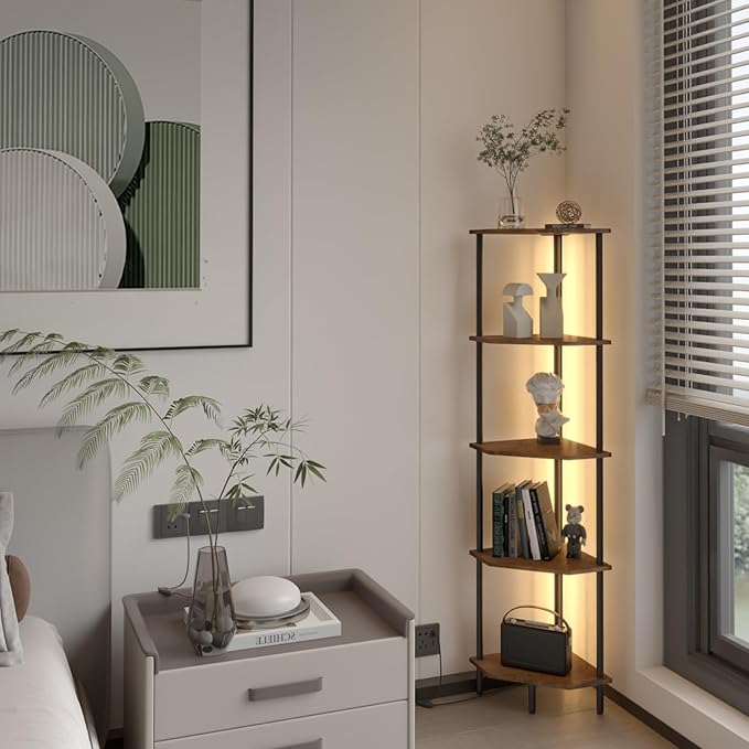 5 Tier Corner Shelf with LED Light,Tall Standing Shelf Organizer,Narrow Bookshelf,The Classic Combination of Rustic Brown and Black Standing Bookcase,Suitable for Bedroom,Living Room,Kitchen