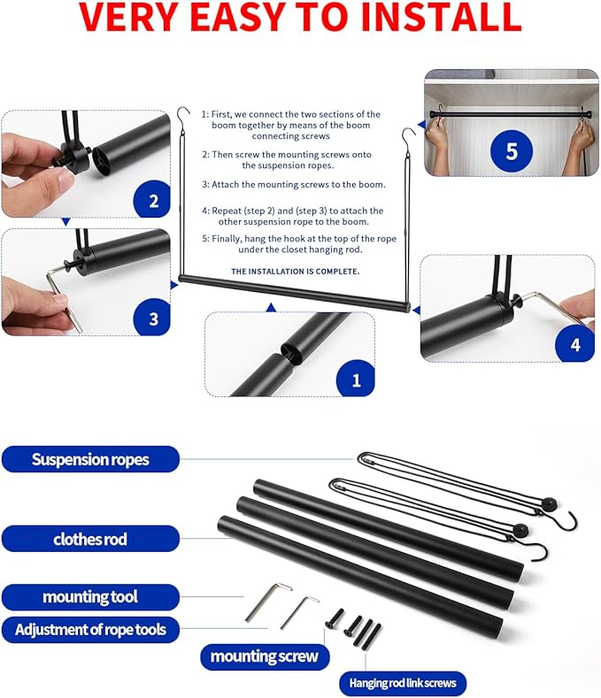 Closet Rods for Hanging Clothes 48'' Black Stepless height adjustment Heavy Duty Closet Rod for Optimize closet storage and organizing space