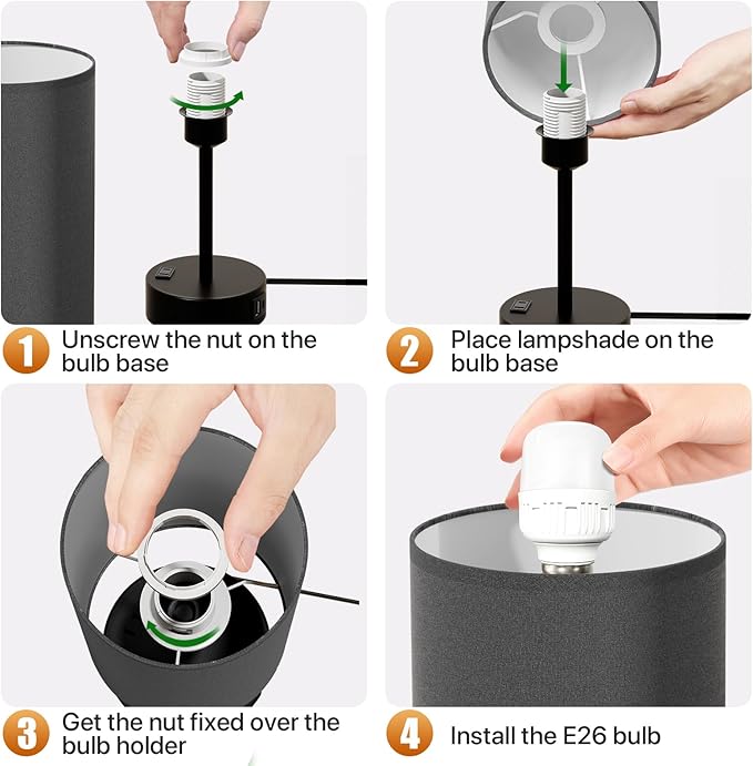 KPQ Small Bedside Lamp Touch Control Table Lamp with USB A+C Charging Ports & AC Outlet 3-Way Dimmable Nightstand Lamp with Linen Fabric Shade for Bedroom Living Room