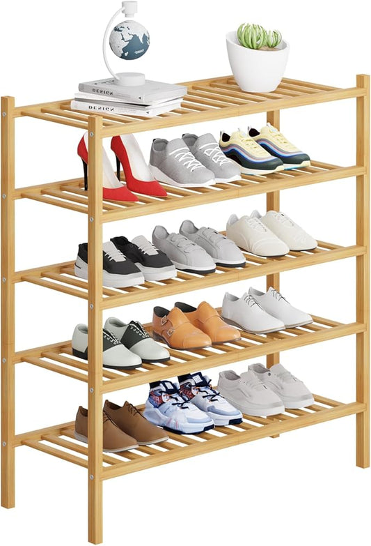 5 Tier Bamboo Shoe Rack Storage Organizer for Closet, Multifunctional Stackable Free Standing Shoe Shelf Organizer for Small Space,Entryway,Hallway,Bathroom 27"x11"x32"(Natural, 5 Tier)