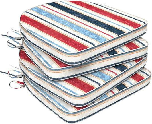 Set of 4 Outdoor Chair Cushions 19"x19"x2",Water Repellent Dining Seat Cushion with Ties and Removable Covers, Chair Cushions for Indoor and Patio Furniture, Stripe Red Blue