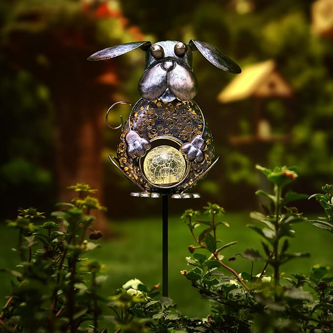 KAIXOXIN Garden Solar Lights Metal Dog Crackle Glass Globe Stake Light,Waterproof Warm White LED Solar Path Lights (Dog-Bronze)