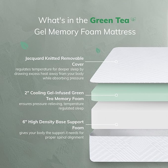 EGO White 8 Inch Queen Memory Foam Mattress, Gel Green Tea Mattress Bed in a Box, CertiPUR-US Certified, Double Mattress, 60"x80", Medium Firm