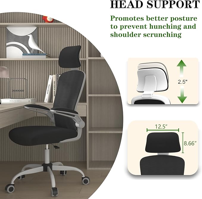 Ergonomic Mesh Office Chair for Long Hours & Back Pain Relief – Adjustable Lumbar Support & Headrest, High-Density Foam Cushion, Flip-Up Armrests, Perfect for Work & Study, White & Black