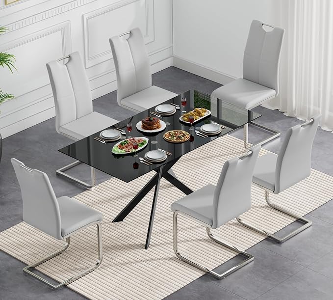 Goujxcy Modern Glass Dining Table Set for 6, Black Glass Kitchen Table and Chairs Set, 7 Piece Dining Room Table Set with 51" Rectangle Dinner Table and 6 Grey Leather Dining Chairs