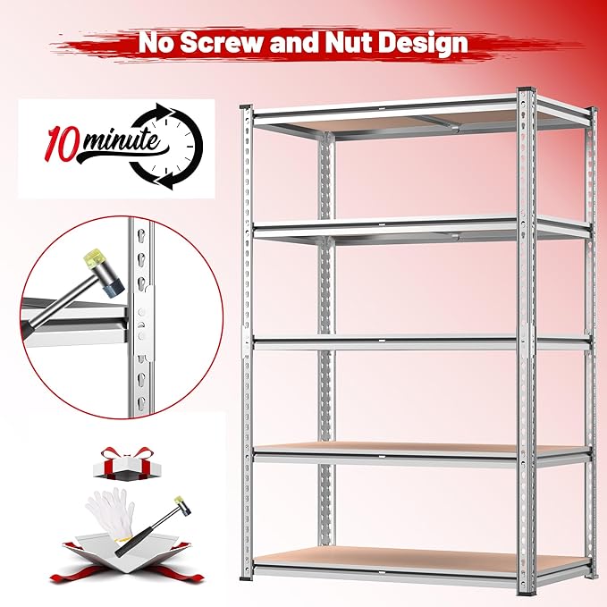 REIBII 2020LBS Garage Shelving Heavy Duty Metal Shelving 5 Tier Storage Shelves, Garage Shelves for Warehouse Basement, Easy Assembly, 72" H x 35.55" W x 16" D, Galvanized, 2 Pack