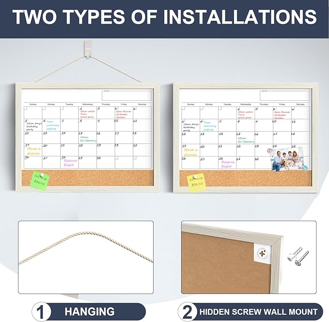 Calendar Whiteboard for Wall, 18x24 Inches Whiteboard Calendar Cork Board Combo, Magnetic Monthly White Board with Wood Framed, Hanging Dry Erase Board for Kitchen Home Office School Planner