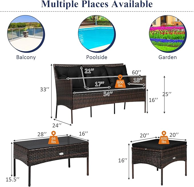 Tangkula 3 Pieces Patio Conversation Set, All Weather Outdoor PE Rattan Wicker Furniture Set with Padded Cushions, Tempered Glass Coffee Table, for Poolside, Backyard, Garden
