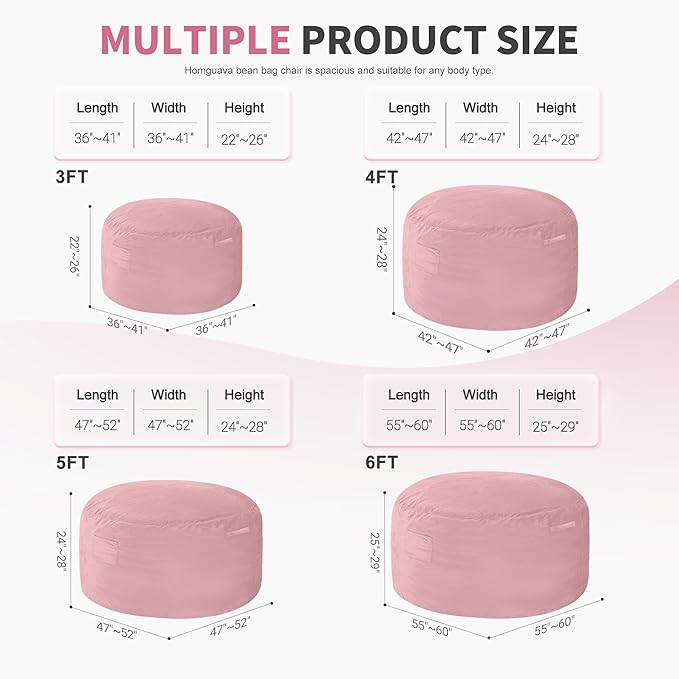 Homguava 5 FT Bean Bag Chair: 5' Bean Bags with Memory Foam Filled, Large Beanbag Chairs Soft Sofa with Dutch Velvet Cover-Light Pink