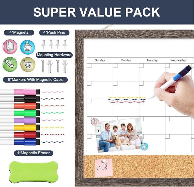Calendar Whiteboard for Wall, 17x13 Inches Dry Erase Calendar Cork Board Combo, Magnetic White Board with Wood Framed, Hanging Dry Erase Board for Home Kitchen Office Planner Memo