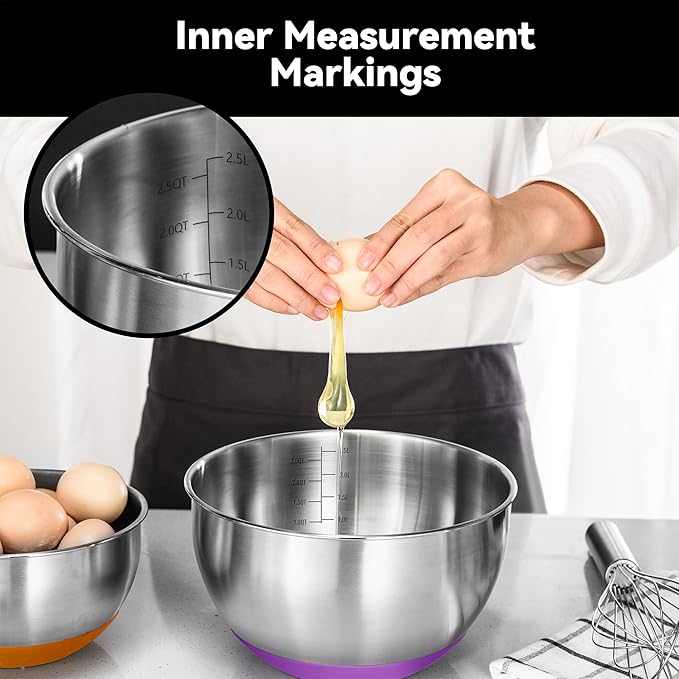 Stainless Steel Mixing Bowls with Lids – Set of 5 Large Nesting Metal Bowls for Kitchen, Baking, Cooking, Food Prep & Storage, Non-Slip Base, Dishwasher Safe, Multicolor