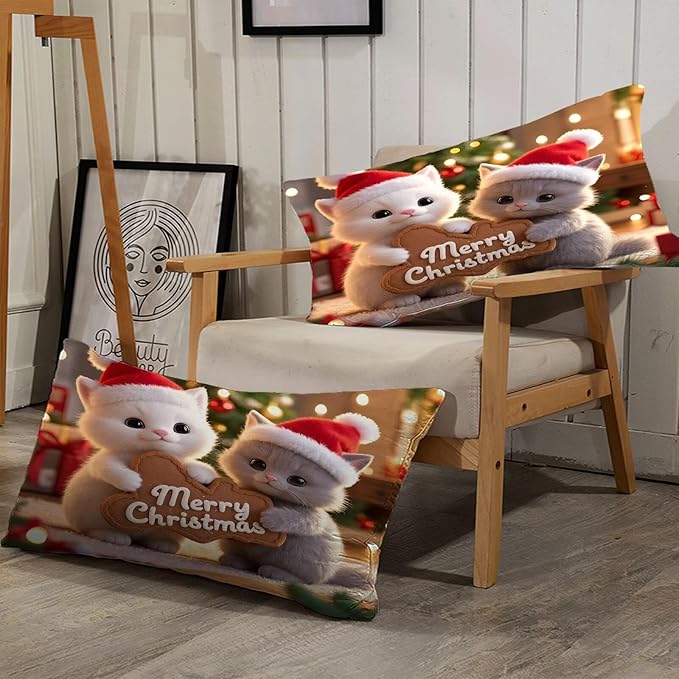 Kids Christmas Comforter Set King Size, Merry Christmas Cat Print Bedding Set for Girls Boys Women and Men, Xmas Bed Set with 1 Comforter and 2 Pillowcases