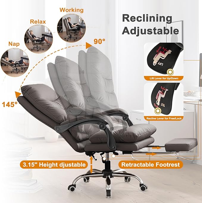 Office Chair with Retractable Footrest, Heavy-Duty Ergonomic Chair, Adjustable Height High Back Computer Gaming Chairs