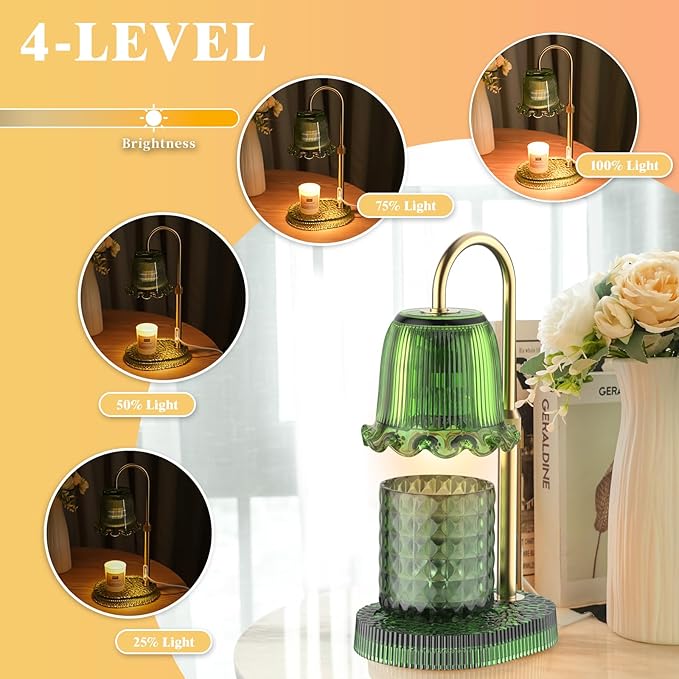 Candle Warmer Lamp with Adjustable Height - Flameless 4-Level Dimmable Wax Warmer, Timer Function & Stylish Design in Multiple Colors（Green）