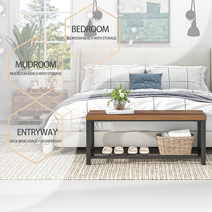 FOLUBAN Modern Entryway Bench - Rustic Wood and Metal Shoe Storage for Hallway Front Door Entrance, Industrial Indoor Seat for Bedroom Living Room, 43 Inch Walnut