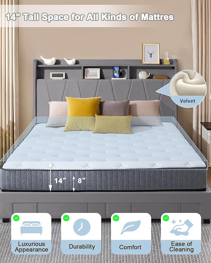 King Size Bed Frame, Velvet Upholstered LED Platform Bed with Headboard Storage, King Bed Frame Built-in Charging Station with 2 Drawers, Wood Slat Support, No Box Spring Needed, Grey