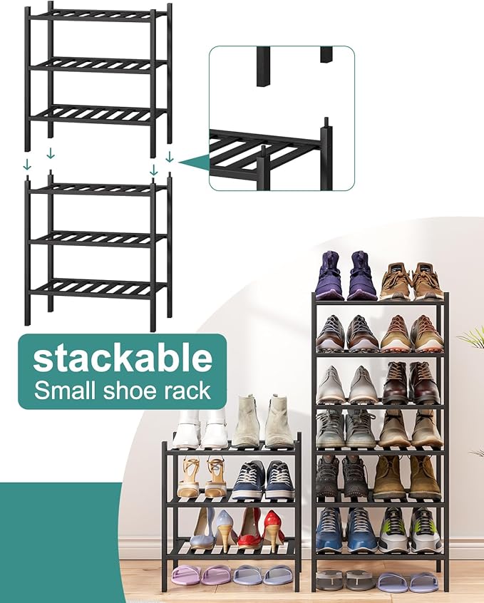 Small Shoe Rack for Entryway,3-Tier Black Bamboo Shoe Organizer for Hallway Closet, Free Standing Shoe Racks for Indoor Outdoor