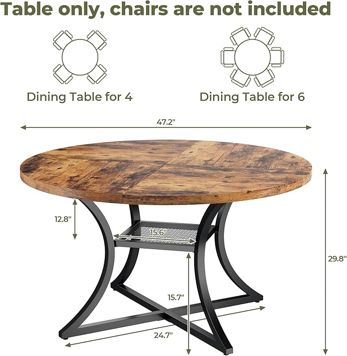 IRONCK 47.2" Round Dining Table for 4, Wood Kitchen Table with Storage Shelf for Dining Room, Dinner Table with Wooden Tabletop and Metal Base, Rustic Brown