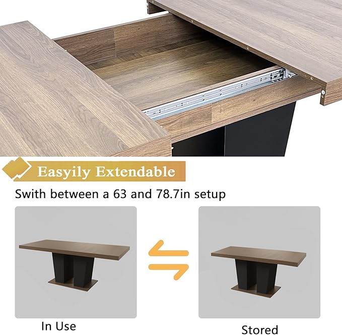 Goujxcy 5-Piece Extendable Dining Table Set for 4-8 People 63-78 Inch Kitchen Table Set with 4 Velvet Upholstered Chairs Farmhouse Rectangular Dining Room Table Set for Kitchen Dining Room Apartment