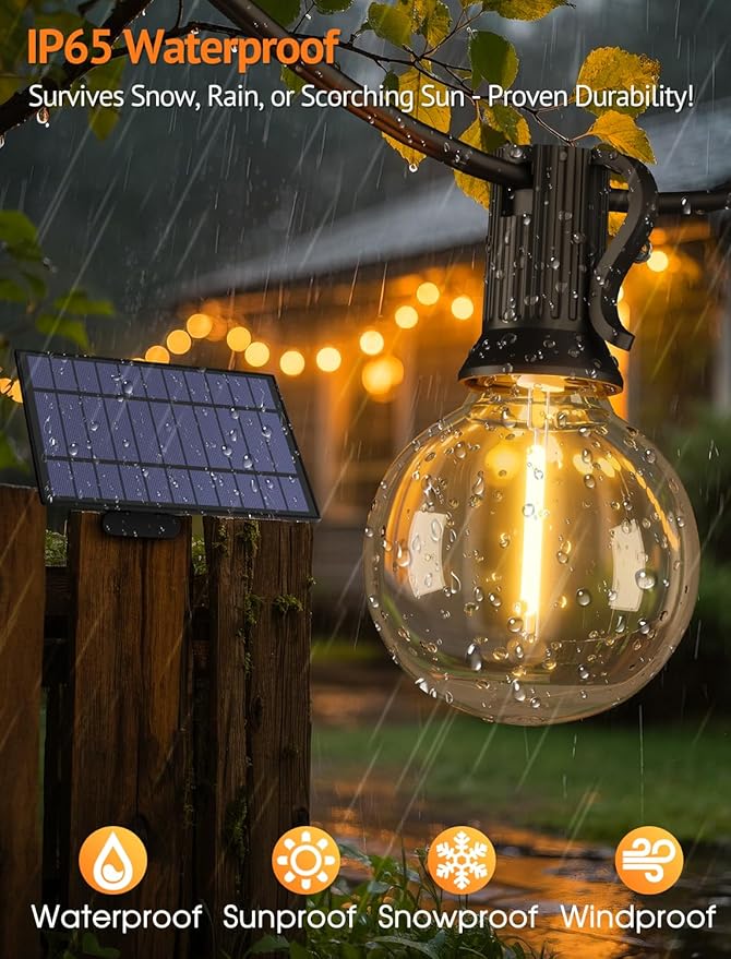 75FT(3x25FT) Solar String Lights Outdoor with Remote, Waterproof Dimmable 3 Modes Patio Lights with 30+3 LED G40 Bulbs for Balcony Yard-Black