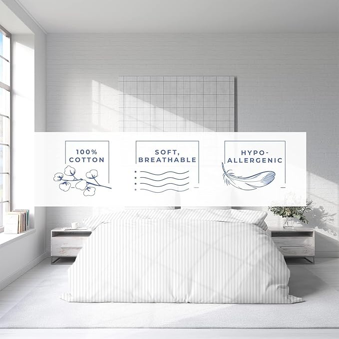 Kotton Culture 3 Pc Queen Size Duvet Cover Set- 100% Egyptian Cotton Sateen 600 TC Ultra Soft Premium Durable Comforter Cover Zipper Closure & Corner Ties (Striped White, Queen/Full 90" X 90")