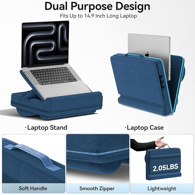 Laptop Lap Desk with Cushion, Adjustable Lap Desk Pillow with Storage, Portable Lap Table for Adults Student, Laptop Stand for Bed Office College Dorm Home Room Couch, Fits Up to 14.9" PC Tablet, Blue
