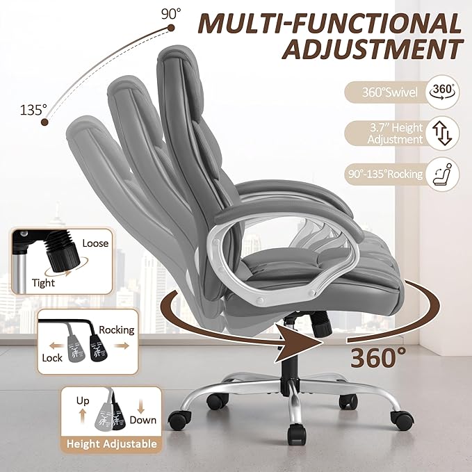 Homall Office Chair High Back Computer Chair Desk Chair, PU Leather Adjustable Height Modern Executive Swivel Task Chair with Padded Armrests and Lumbar Support (Gray)