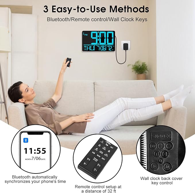 13" Bluetooth Auto Sync Wall Clock - Large Digital Alarm Clock with Remote, 25 Ringtones, Dual Alarm, Adjustable Brightness, 12/24H, Auto DST, for Living Room, Kitchen, Office, Elderly（Blue）