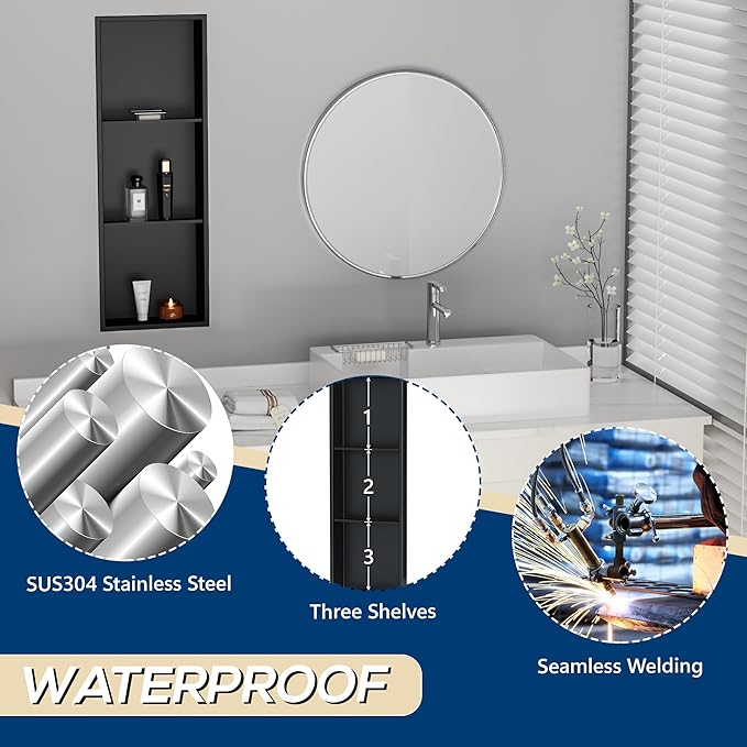 Stainless Steel Shower Niche 12" X 36", No Tile Needed Wall Niche Three-Tier, Recessed Shower Shelf for Bathroom Storage, Matte Black