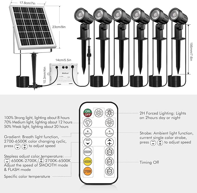 MEIHUA 6 in 1 Solar Spot Lights Outdoor, Solar Landscape Spotlights 2700K/4000K/6500K, 3 Brightness & Remote Control, IP66 Waterproof Spotlights Outdoor Garden for Pathway Driveway Tree