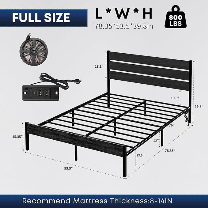 Full Size Bed Frame with Headboard,Heavy Duty LED Bed Frame with USB Charging Station,Mattress Foundation-Under Bed Storage, No Box Spring Needed, Noise Free，Black