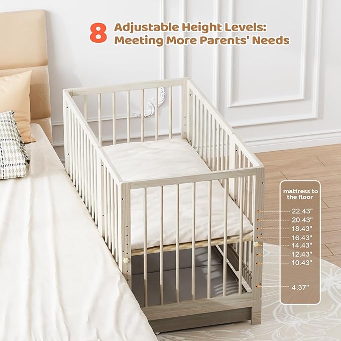 JOYMOR 8 in 1 Convertible Crib with Changer, Include 2” Mattress, Converts to Bassinet, Mid Crib, Full Size Crib, Daybed,Toddler Bed and Playard (Crib with Drawer, Washed Natural)