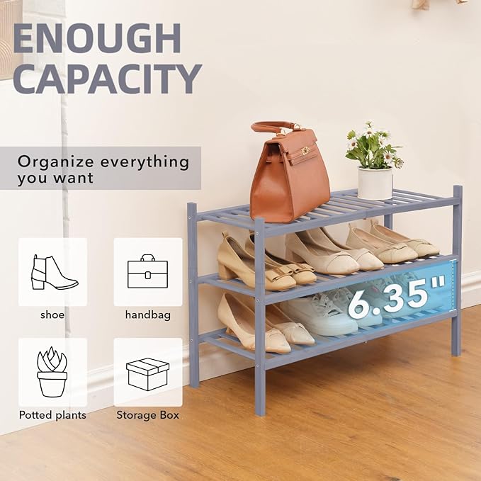 3 Tier Bamboo Shoe Rack Storage Organizer for Closet, Multifunctional Stackable Free Standing Shoe Shelf Organizer for Small Space,Entryway, Hallway, Bathroom27 x11 x20 (Grey, 3 Tier)