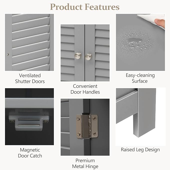 COSTWAY Bathroom Storage Cabinet, Wooden Side Storage Organizer with Louver Doors & Removable Shelf, Freestanding Floor Cabinet for Living Room, Kitchen, Entryway (Grey)