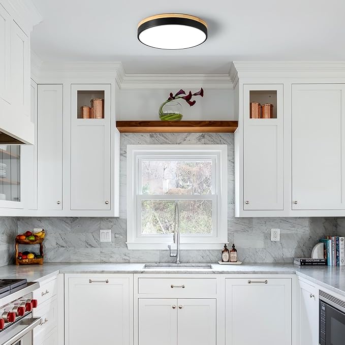 Dimmable Wood LED Ceiling Light Fixture, Black Round Low Profile Flush Mount Ceiling Lighting, Modern 5CCT 2700K-6000K Ceiling Lamp for Living Room Hallway Kitchen Bedroom, 15.8in