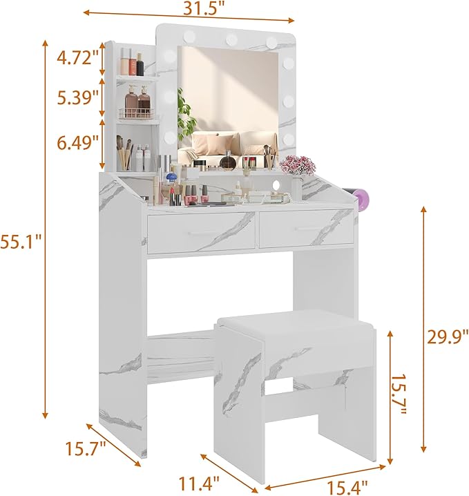 Vanity Desk with Mirror and Lights for Bedroom, Marble White Modern Makeup Table with 2 Drawers, 3 Light Modes & Dimmable LED, Includes Stool