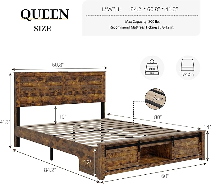 Queen Size Bed Frame with Wood Headboard, Wooden Platform Bedframe with Sliding Barn Door Footboard and Charging Station Easy Assembly, No Box Spring Needed (Brown, Queen)