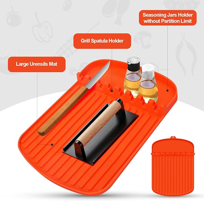 Silicone Griddle Tools Mat for Blackstone,16.9"x 11.8" Spatula Mat with Drip Pad,Heat-Resistant Grill BBQ Caddy Utensils Holder for Kitchen,Cooking & Countertop,Side Shelf Mat Blackstone Aceessories