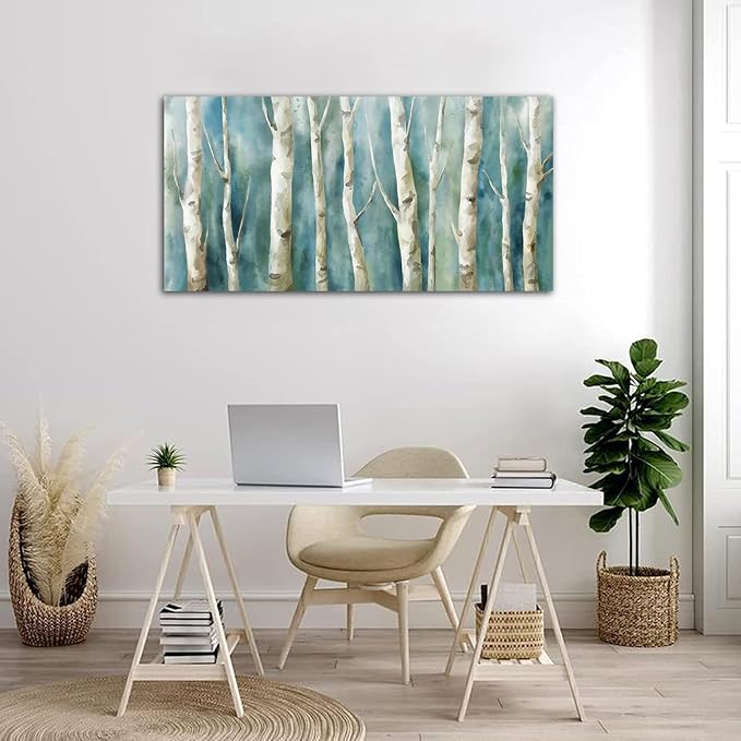 Birch Trees Canvas Wall Art - Abstract Birch Pictures for Wall Decor Modern Turquoise Canvas Painting Nature Printing Artwork for Living Room Bedroom Home Office Wall Decoration 24" x 48"