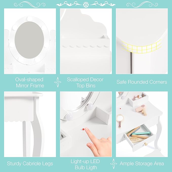Spirich Kids Vanity, Girls Vanity Set with Mirror and Stool and Lights, Kids Vanity Table and Chair Set,Wooden Princess Makeup Desk Dressing Table