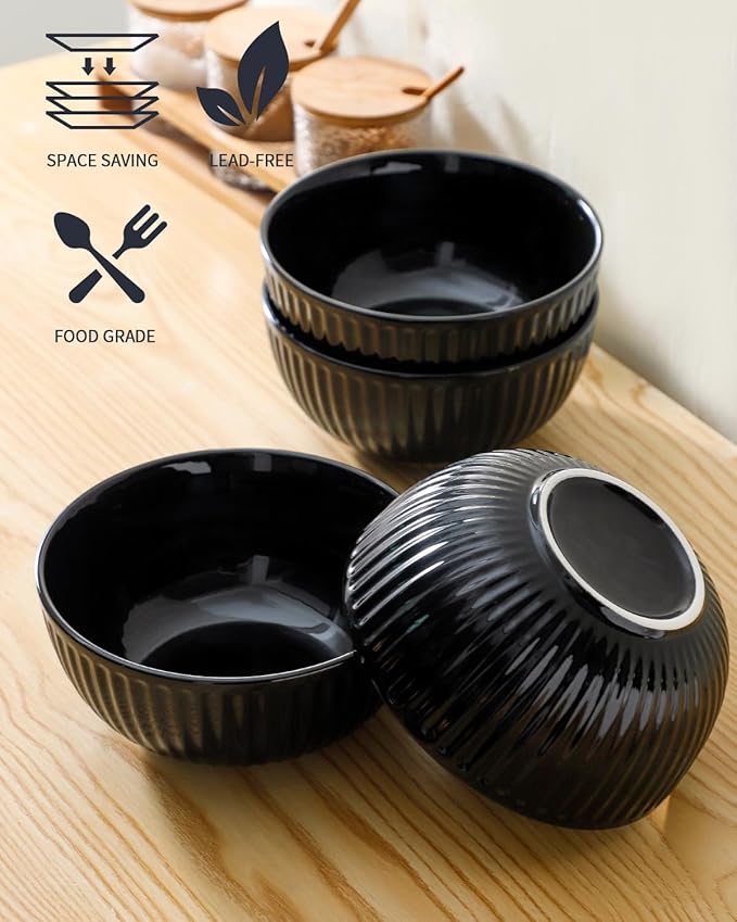 Hasense Soup Bowls Set Ceramic 24 Oz - 6 Inch Cereal Bowl Set of 6 for Kitchen,Modern Ribbed Black Porcelain Dishes for Entertaining,Soup,Oatmeal,Pasta,Cereal,Noodle - Dishwasher & Microwave Safe