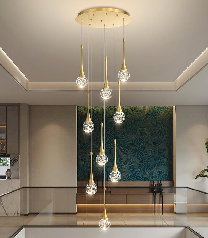 9 Light Modern Glam Crystal Chandelier for High Ceiling LED Dimmable Ceiling Pendant Light Staircase Foyer Enterway Living Room Chandelier Lighting Antique Gold