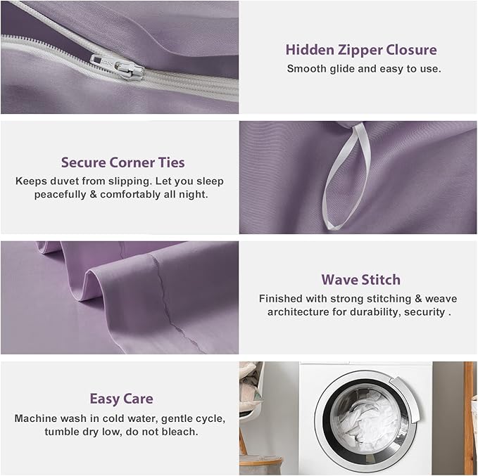 MILDLY 100% Long-Staple Cotton Duvet Cover Set Queen Size Purple Comforter Cover Sets Ultra Soft Bedding Set 3 PCS with Zipper Closure & Corner Tie (No Comforter)