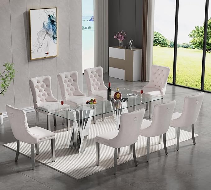 Goujxcy 70" Glass Dining Table Set for 8, Modern Silver Dining Table Set with 8 Beige Velvet Upholstered Dining Chairs, 9 Piece Kitchen Dining Room Table Set with Stainless Steel Legs
