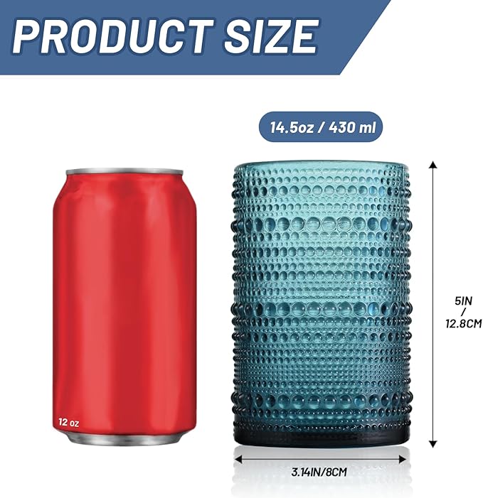 Hobnail Drinking Glasses Set of 6, Vintage Colored Glassware 14.5oz, Tall Beverage Glass Cups for Water, Juice, Cocktail (Blue)