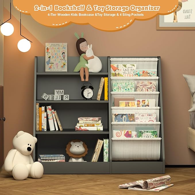 4 Tier Kids Bookshelf Wooden, Five Layer Sling Children Bookcase, Baby Toddler Storage Book Rack, Book and Toy Organizer Cabinet Chest, Book Display Shelf Stand, Playroom Nursery Classroom Library