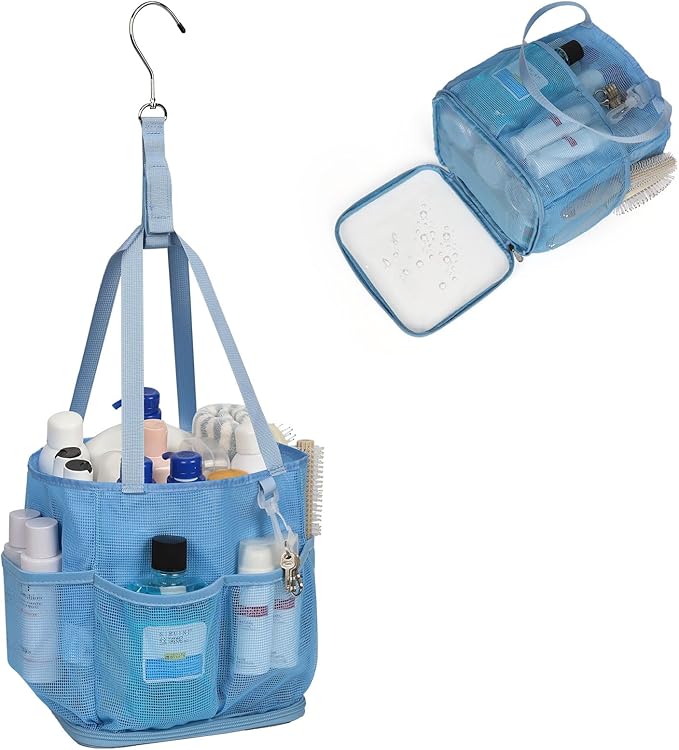 Mesh Shower Caddy Portable for College Dorm Room Essentials, Shower Tote Bag with Hanging Hook and Drawstring, Quick Dry Toiletry Bag with 6 Pockets for Bathroom, Swimming, Gym, Camping, Beach, Travel