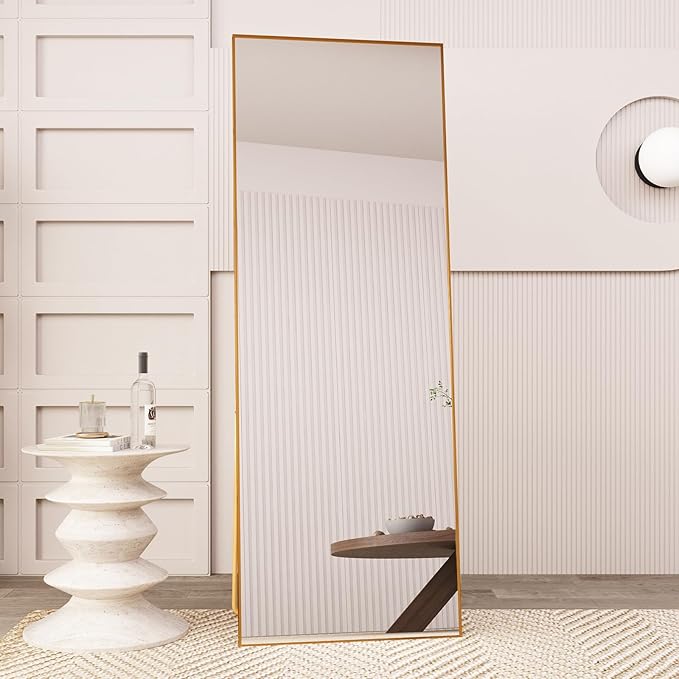 Beauty4U 65" x 24" Full Length Mirror with Stand, Gold Wall Mounting Full Body Mirror, Metal Frame Full-Length Tempered Mirror for Living Room, Bedroom